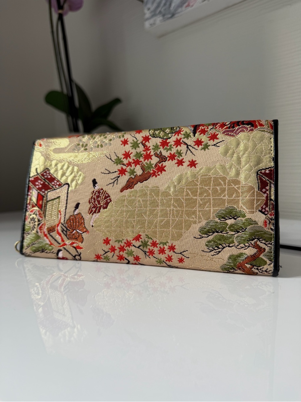 Vintage Japanese Silk Brocade Long Wallet Checkbook Cover Tale of Genji Gold - Picture 2 of 14